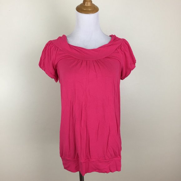 BCBGMAXAZRIA Dark Pink Twisted Round Collar Short Sleeve Banded Hem Shirt - Picture 6 of 8